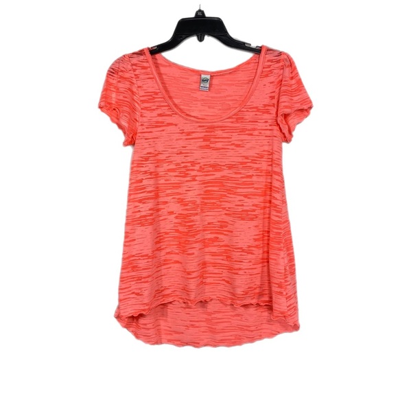 Kavio! Girl Florescent Salmon Color Ruffled Edge Sheer Mottled Tee - Picture 1 of 6
